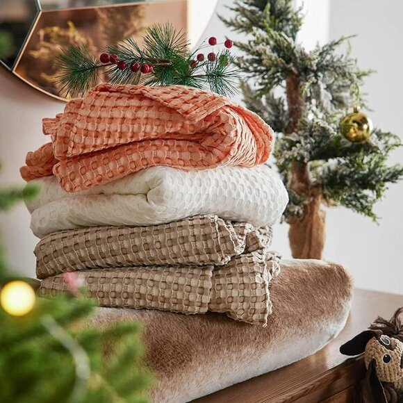 COTTON Waffle Weave Bamboo Blanket King Size Cream Soft Lightweight Bed Blanket - Picture 3 of 8